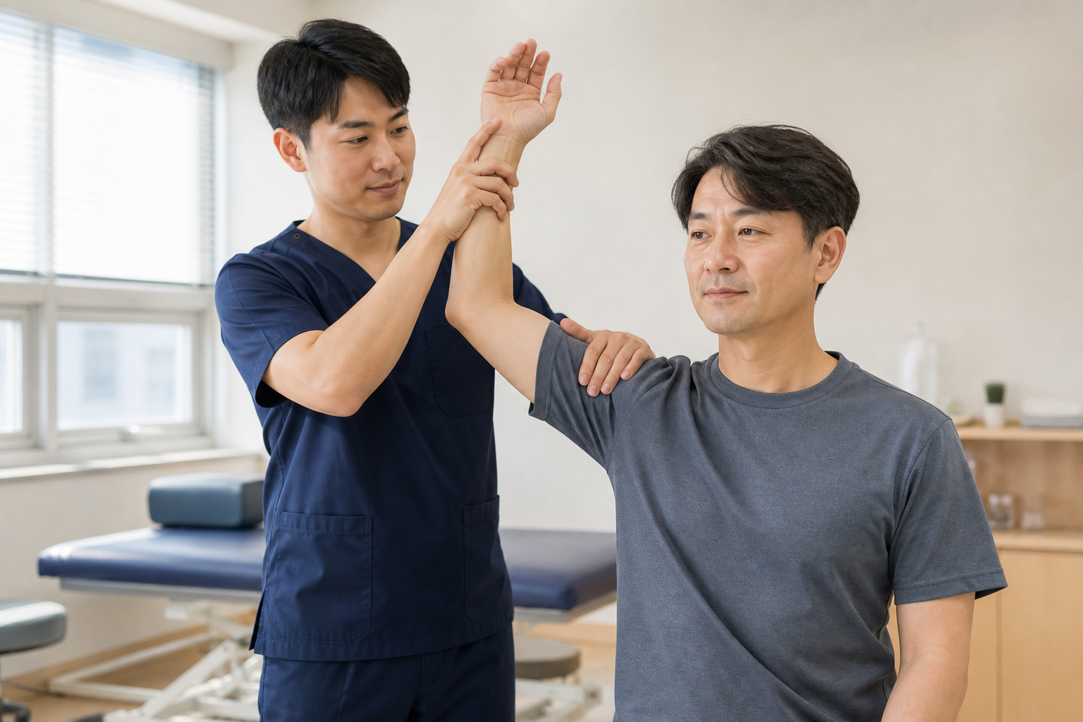 도수치료 비용 상담 전 확인하는 밝은 재활 치료실에서 물리치료사가 어깨 가동 범위를 확인하는 모습