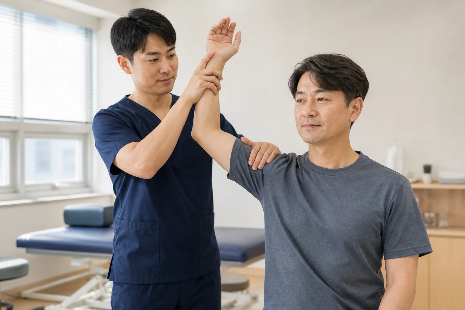 밝은 재활 치료실에서 물리치료사가 환자의 어깨 가동 범위를 확인하는 모습